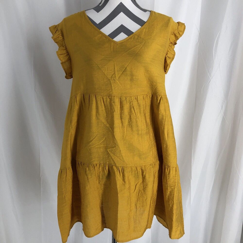 Doubleju A Line Mustard V Neck Flutter Sleeve Dress Size Medium